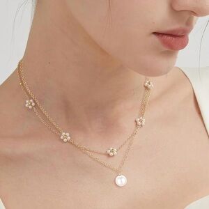 TRINCKLE Daisy Pearl Necklace Layered Set 14K Gold Plated